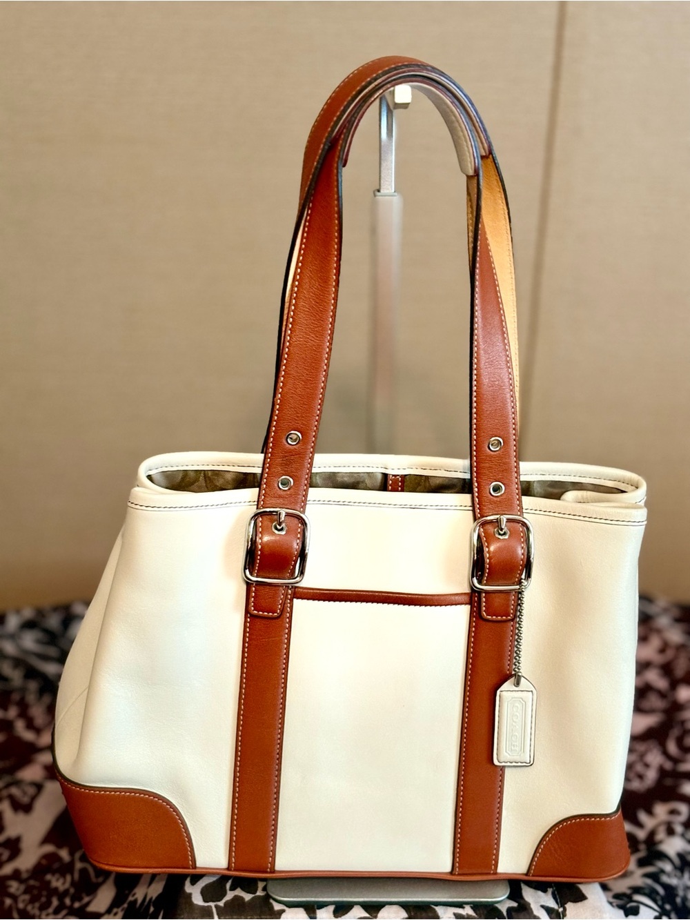 Coach Cream and Tan Leather Tote